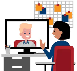 One person sits at a desk in front of a computer screen, speaking with someone who appears on the screen