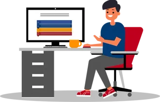 One person sits at a desk, showing his computer screen