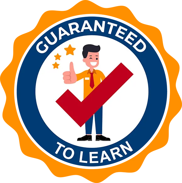 A seal with “Guaranteed to Learn” written on it. In the middle is a person giving a thumbs up, standing behind a checkmark