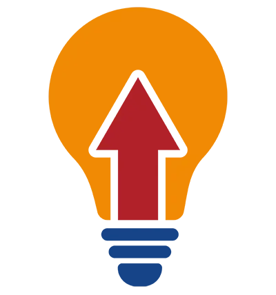 Multicolor icon of lightbulb with an arrow inside it pointing up