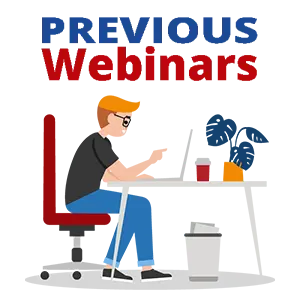 A person is sitting at a desk, pointing to a monitor that is on the desk and above him are the words 'Upcoming Webinars'