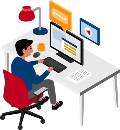 A person sitting at a desk with a computer and a lamp