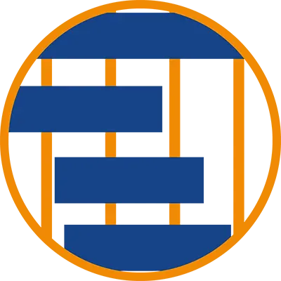 Multicolor circular graphic showing yellow vertical lines and blue horizontal steps
